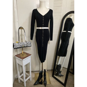 CMZ2005 Black Fitted Bodycon Ribbed High Slit Midi Dress Size XS